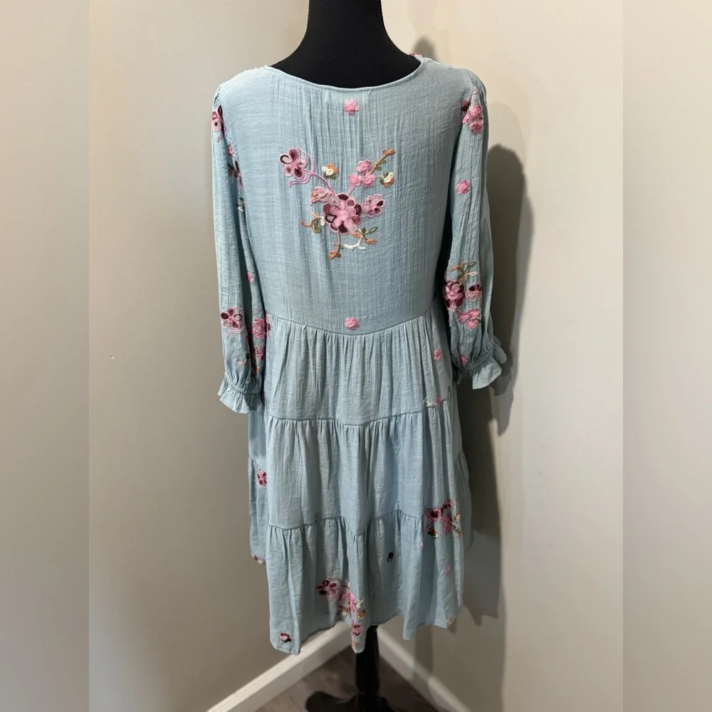 Hope Springs Floral‎ Embroidered Blue Dress Medium Boho Chic! Cottagecore - Picture 3 of 9